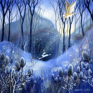 Print titled "The Early Hours" by Amanda Clark - fairytale art print, landscape art, owl art print, hare art print, winter wall print