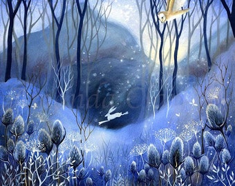 Print titled "The Early Hours" by Amanda Clark - fairytale art print, landscape art, owl art print, hare art print, winter wall print