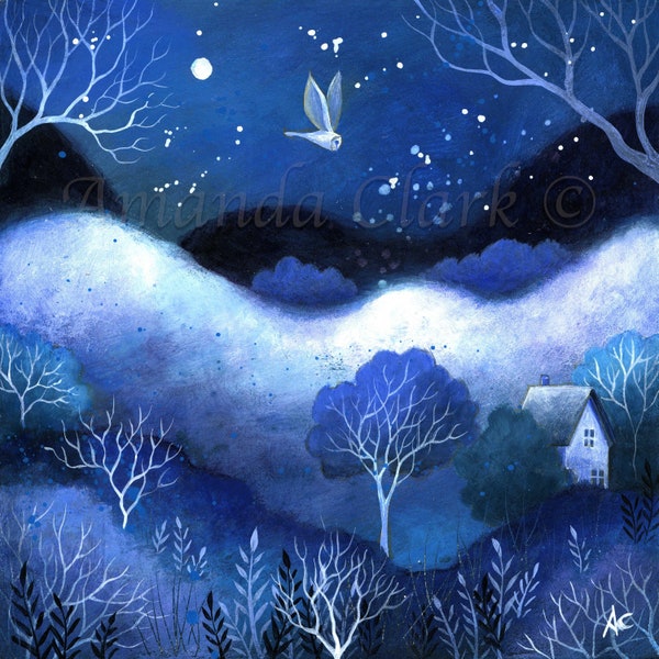 Unframed miniature original painting titled 'Moonlit Hills' by Amanda Clark - owl art, original art, acrylic art, landscape art