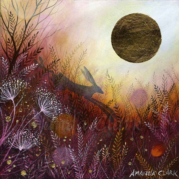 VENTE ! Impression jet d'encre en édition limitée intitulée « The Golden Moon » par Amanda Clark - impression d'art de lièvre, impression d'art de conte de fées, oeuvre d'art miniature