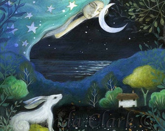 Impresión titulada "Moon Dream" de Amanda Clark - impresión de arte de liebre, obras de arte de diosa, arte celestial, impresión de arte de cuento de hadas, impresión de campo