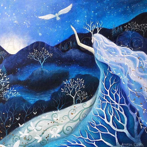 Print titled "Myth of the Moon Goddess" by Amanda Clark - fairytale art print, goddess art, landscape art print, countryside art