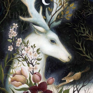 Large mounted print titled "Moon Glow" by Amanda Clark - fairytale art print, white stag print, floral wall decor, mounted art print