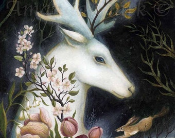 Large mounted print titled "Moon Glow" by Amanda Clark - fairytale art print, white stag print, floral wall decor, mounted art print