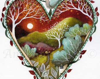 Print titled "Rising Moon" by Amanda Clark - fairytale art print, landscape art, heart art, valentines day gift, wildlife art print