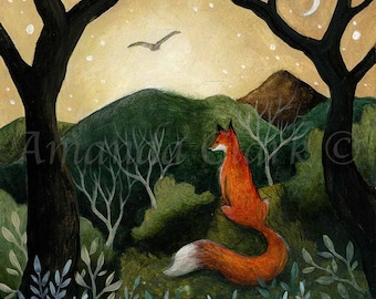 May include: A painting of a red fox sitting in a forest with a crescent moon in the sky. The fox is looking to the left, and there are trees and bushes in the background. The sky is a light yellow color with white dots.