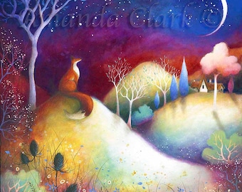 Print titled "Starry Meadows" by Amanda Clark - fairytale art print, landscape art, fox art print, meadow wall art, dreamy art print