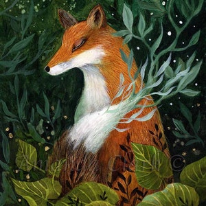 May include: A painting of a red fox with closed eyes, surrounded by green foliage. The fox has a white chest and a bushy tail. The background is a dark green with white dots.