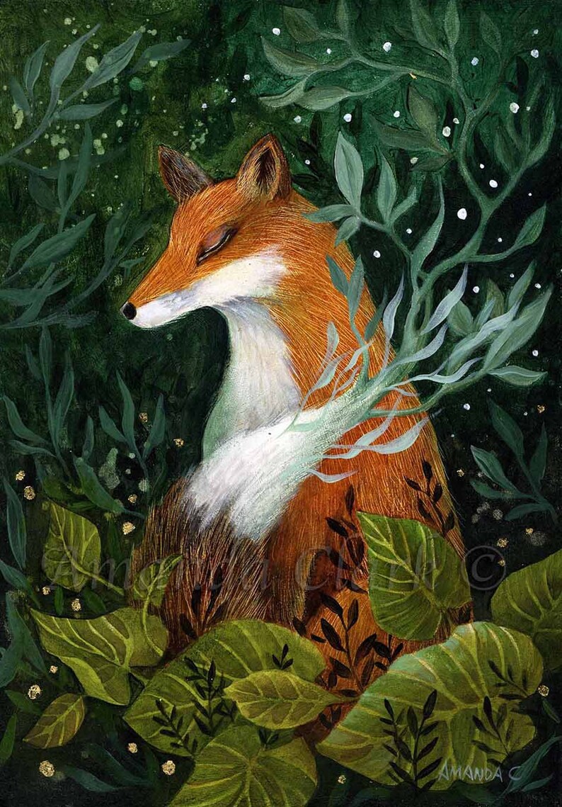 May include: A painting of a red fox with closed eyes, surrounded by green foliage. The fox has a white chest and a bushy tail. The background is a dark green with white dots.