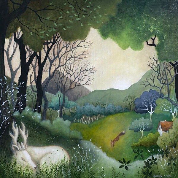 Landscape Art Print "Melody of Nature" by Amanda Clark - Stag, Limited Edition, Fairy Tale