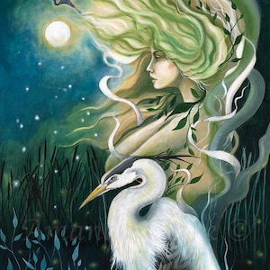 May include: A painting of a woman with flowing green hair and a white heron. The woman is surrounded by green leaves and the heron is standing in a field of tall grass. The background is a dark blue sky with a full moon and stars.