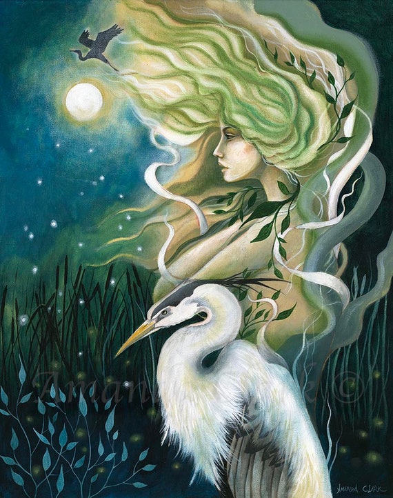 Goddess and Egret Art Print "Distant Land" by Amanda Clark - Fairy Tale, Limited Edition