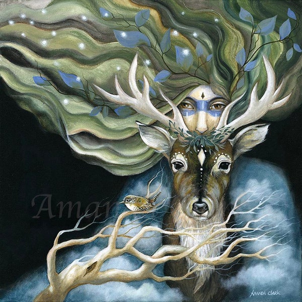 Limited edition giclee print titled "Guardian" by Amanda Clark - stag art print, goddess art print, tribal artwork, fairytale art print