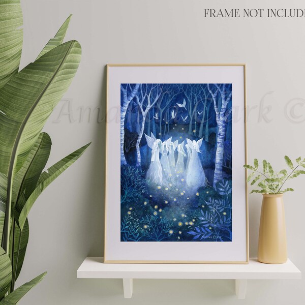 Print titled "The Gathering of Angels" by Amanda Clark -  fairytale art print, angel wall art, woodland art print, dreamy wall print