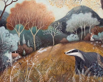 Limited edition giclee print titled "Autumn Light" by Amanda Clark - badger, landscape, autumnal