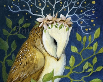 Unframed original painting titled "Crown of Stars" by Amanda Clark - owl art, original art, acrylic art, miniature art