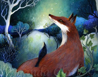 Print titled "Midsummer Eve" by Amanda Clark -  fairytale art print, fox art print, woodland print, landscape art print, blackbird art