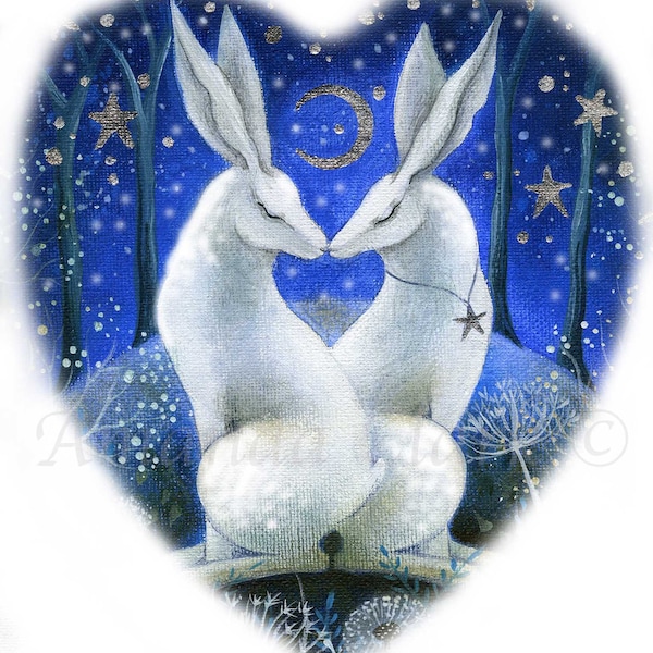 Print titled "Dream with Me Under the Moon" by Amanda Clark - fairytale art print, landscape art, hare art print, valentines day gift