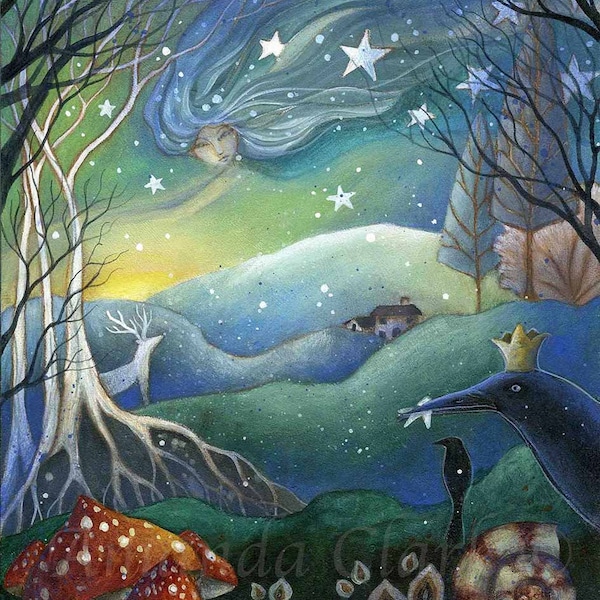 Impression intitulée « Yule » par Amanda Clark - impression d'art de conte de fées, art du paysage, décoration murale de Noël, art de la scène d'hiver, impression de champignons, art mural de rêve