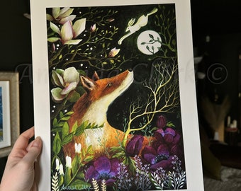 Print titled &quot;Under the Magnolia Tree&quot; by Amanda Clark -  fairytale artwork, fox art print, floral wall decor, hare wall art, dreamy art