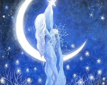 A3 Art Print "Moon Goddess" by Amanda Clark - Celestial, Night Sky, Wall Art, bohemian