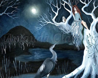 Print titled "The White Tree" by Amanda Clark - fairytale art print, landscape art, goddess art, heron art print, countryside print