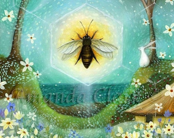 Impresión titulada "Summer Solstice" de Amanda Clark - impresión de arte de cuento de hadas, arte paisajístico, impresión de arte de abejas, arte de pared de solsticio, obras de arte de verano