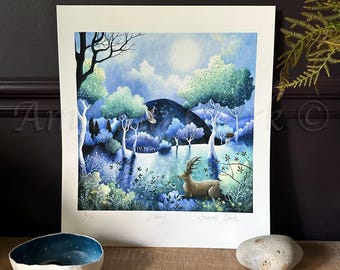 Limited edition giclee print titled "Silbury" by Amanda Clark - landscape, stag, fairy tale