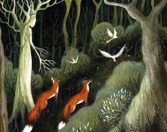May include: Two red foxes stand in a dark forest with white birds flying overhead. The forest is filled with tall trees and green foliage. The foxes are looking up at the birds. The image is painted in a whimsical style with a dark background and bright colors.