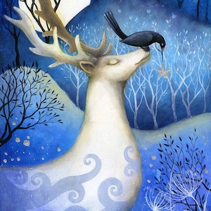 Limited edition giclee print titled "Guardian of the Stars" by Amanda Clark - Fairy Tale art, Stag art, Blackbird, woodland arts