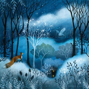 HALF PRICE SALE!! Limited edition giclee print titled "Midnight Blue" by Amanda Clark -  fox art, moon, wildlife art, home decor