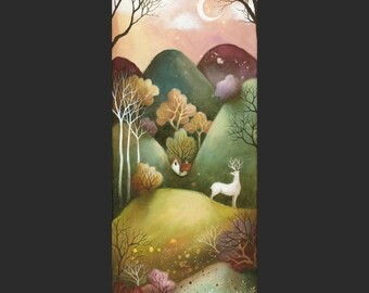 Limited edition giclee print titled "Three Hills" by Amanda Clark - fairytale art print, landscape artwork, stag art print, dreamy art print