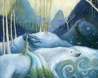 Print titled "East of the Sun, West of the Moon" by Amanda Clark - fairytale art print, landscape art, winter art, polar bear art, folklore