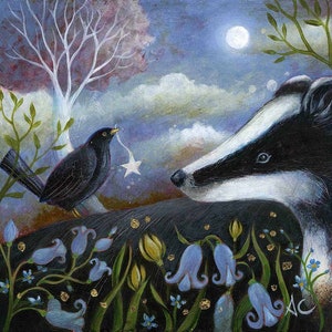 Badger Art Print "Wish Upon a Star" by Amanda Clark - Limited Edition, Bluebells