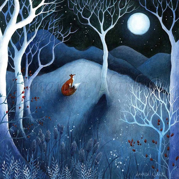 Impression jet d'encre en édition limitée intitulée « Winter Sky » par Amanda Clark - impression d'art de renard, impression d'art de conte de fées, art du paysage, impression fantaisiste