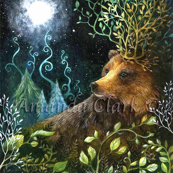 Impression A3 intitulée « Evergreen » par Amanda Clark - art de conte de fées, art du paysage, impression d'art d'ours, art de scène de forêt, impression d'art fantaisiste