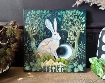 Unframed original canvas painting titled "Hare of the Moon" by Amanda Clark - hare painting, woodland artwork, fairytale painting, landscape