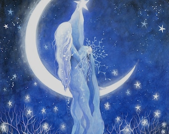 May include: A watercolor painting of a woman with long flowing hair standing on a crescent moon, reaching up to touch a star. The background is a dark blue sky with many white stars. The woman is wearing a white dress and has a crown of flowers on her head. The painting is signed "Amanda Clark" in the bottom right corner.