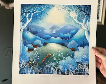 Fox and Meadow Art Print "Midnight Meadows" by Amanda Clark - Cottagecore Woodland Fairy Tale Landscape Wall Art