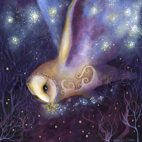 Impression jet d'encre en édition limitée intitulée « Cosmic » par Amanda Clark - art des bois, art de la chouette, lune, art animalier, décoration d'intérieur