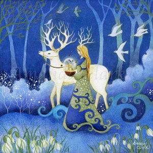 Limitierter Giclée-Druck mit dem Titel ""Bringer of Light"" von Amanda Clark - Göttin Kunstdruck, Märchen Kunstdruck, Hirsch Kunstdruck."