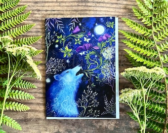 Greeting Card titled "Wolf Song" by Amanda Clark - fairy tale, whimsical, wolf