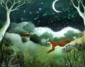 Limited edition Giclee print titled "The Midnight Fox" by Amanda Clark - fox art print, fairytale art print, landscape art, whimsical print