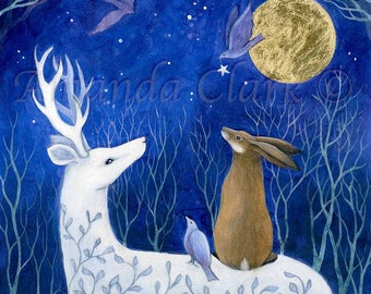 May include: A white deer with antlers stands in a forest with a brown hare sitting on its back. A blue bird sits on the hare's back. The deer and hare are looking up at a blue bird flying towards a gold moon in a starry night sky. The text "Amanda Clark" is written in the upper right corner of the image.