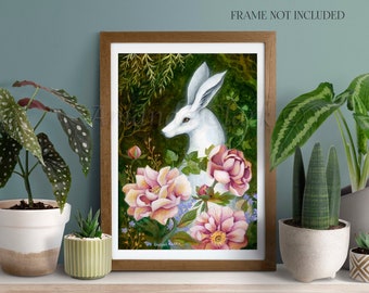Print titled "Peony Garden' by Amanda Clark - fairytale art print, landscape art, white hare art print, floral wall art, dreamy print