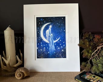Large Mounted Celestial Art Print "Moon Goddess" by Amanda Clark - Matted