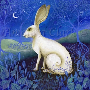 Mounted print titled Hare by Amanda Clark landscape art, hare art print, fairytale artwork, mounted art print, dreamy wall art image 1