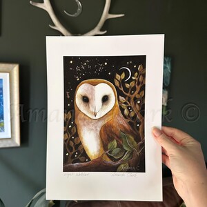 Puede incluir: Una impresi&oacute;n de un b&uacute;ho com&uacute;n con la cara blanca y las plumas marrones, posado en una rama con hojas verdes. El fondo es azul oscuro con estrellas blancas y una luna creciente. La impresi&oacute;n est&aacute; firmada "Amanda C.  Amanda Clark" y titulada "Night Whitelow".