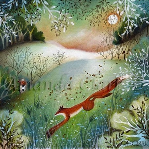 Mounted print titled "The Nimble Fox" by Amanda Clark - fairytale art print, landscape art, fox wall art, meadow wall art, mounted art print