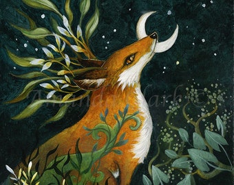 SALE! Limited edition giclee print titled "Moon Catcher" by Amanda Clark - fox art print, fairytale art print, miniature artwork, whimsical